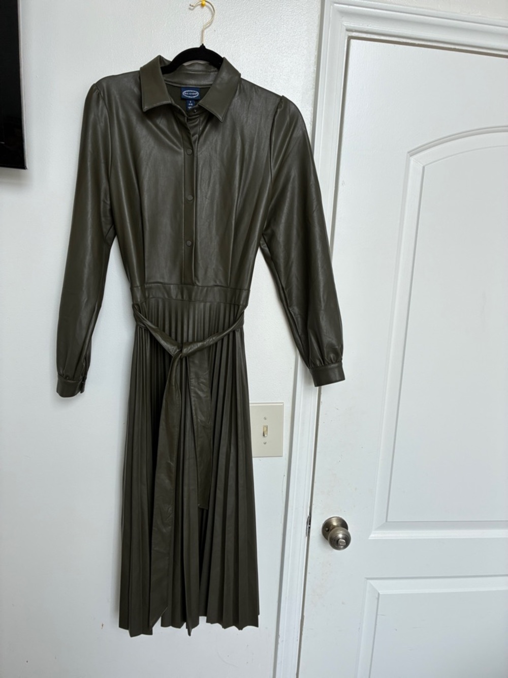 Faux-Leather Pleated Long-Sleeve Dress in Olive Green